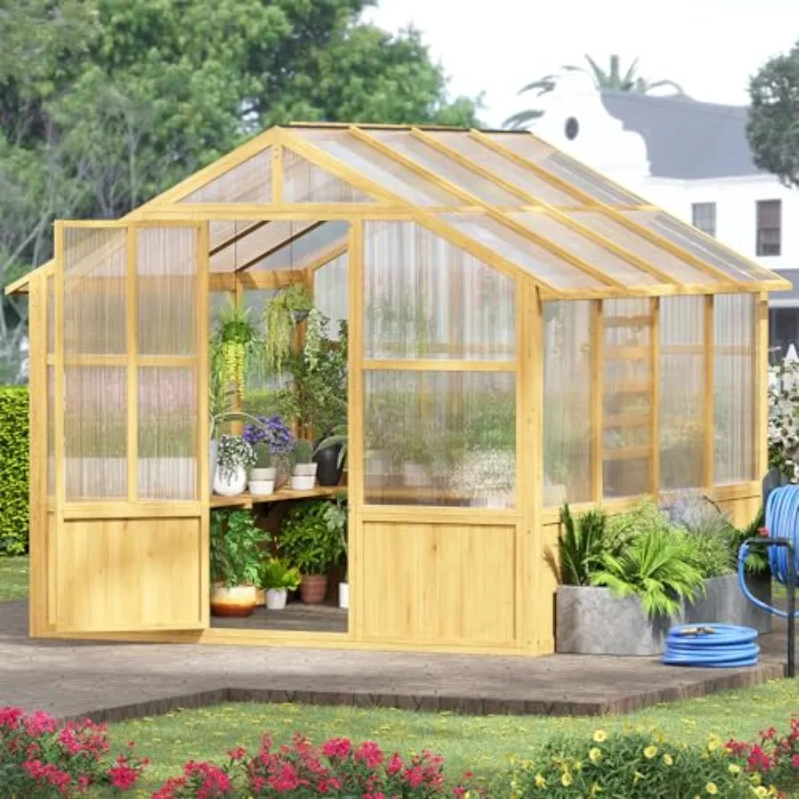 8 x 8 FT Outdoor Wooden Greenhouse, Walk-in Heavy Duty Greenhouse, Cedar Frame with 6MM Thick Polycarbonate Panel and Adjustabl