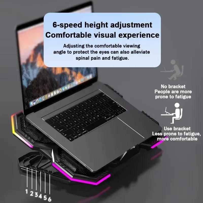 F12 Laptop Gaming Air-cooled Cooler with Cellphone Holder RGB Light 6 Cooling Fans 2 USB Ports Lifting Notebook Radiator Bracket