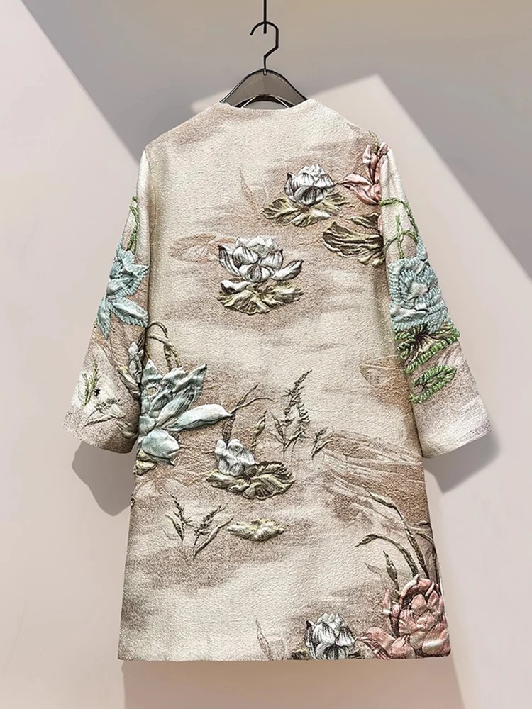 DSFACAIRIJ Women's Vintage Beaded Jacquard Coat O-Neck 4/3 Sleeve Pockets Concealed Buttons Fashion Outerwear for Autumn