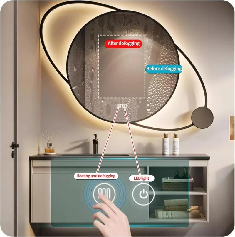 Bathroom Planet Shape Smart LED Defogging Mirror SS Framed Glass for Wall Decorations and Hotel Usage