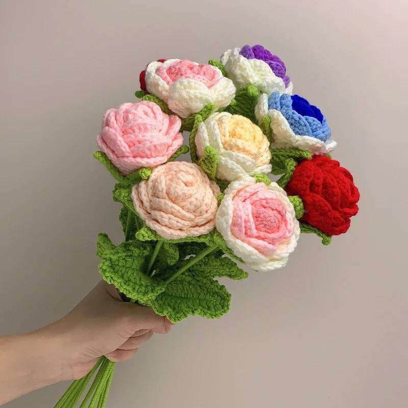 Handmade Knitted Flower Artificial Rose Cotton Yarn Crochet Fake Bouquet Wedding Party Valentine's Day Gift Home Decoration