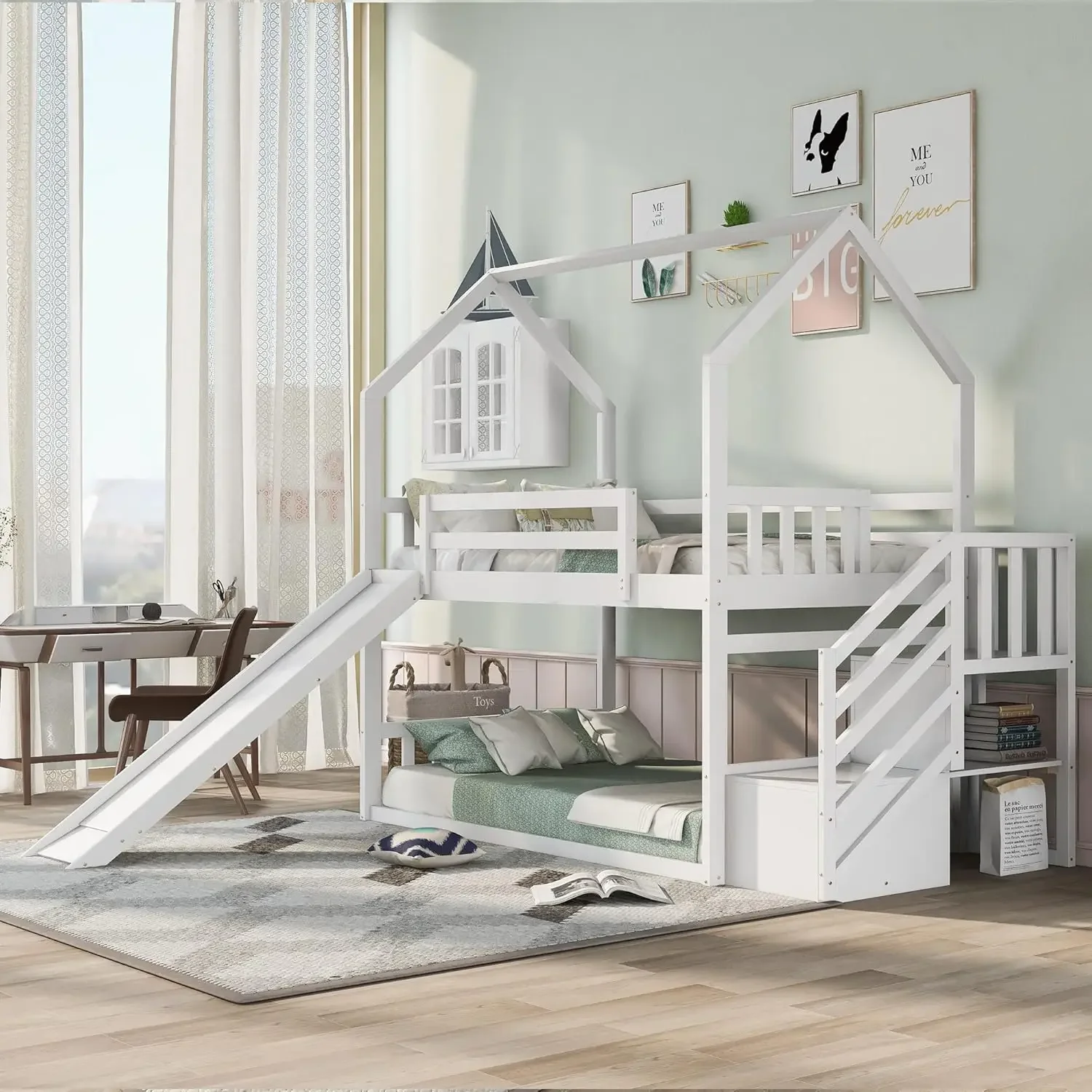 Twin Over Twin Bunk Bed With Slide And Stairs Low House Bunk Bed For Kids Teens, No Box Spring Needed