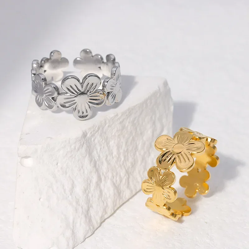 Stainless Steel Vintage Flower Rings Gold Silver Color Adjustable Open Finger Rings for Women Girls Accessories Gifts