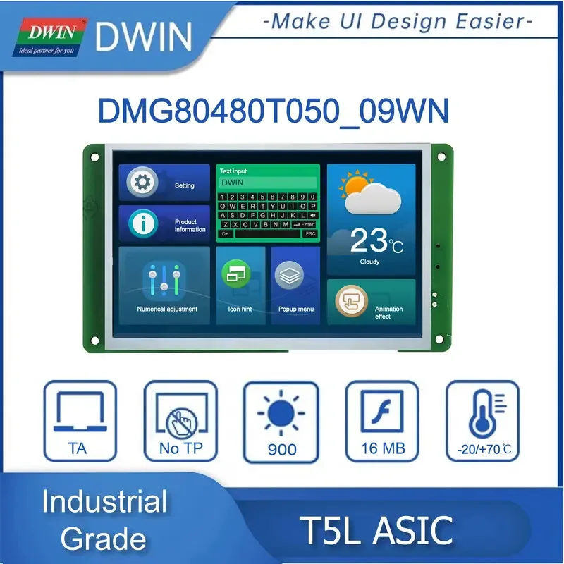 DWIN 5,0 inch 800*480 HMI/TFT/LCD/IPS Model: DMG80480T050_09W (industriële kwaliteit) RTC/Buzzer TTL/RS232 UART2/UART4