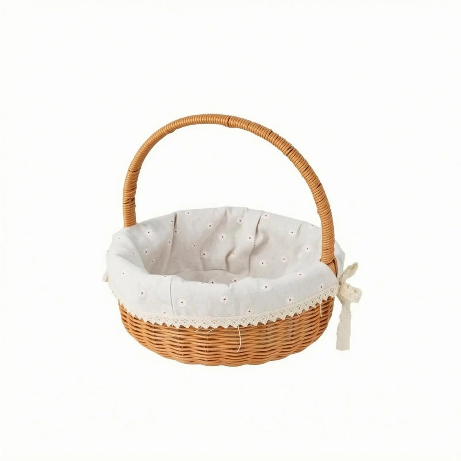Classic Round Wicker Picnic Basket Floral Insert Lace Border for Garden Party Storage Basket Organizer