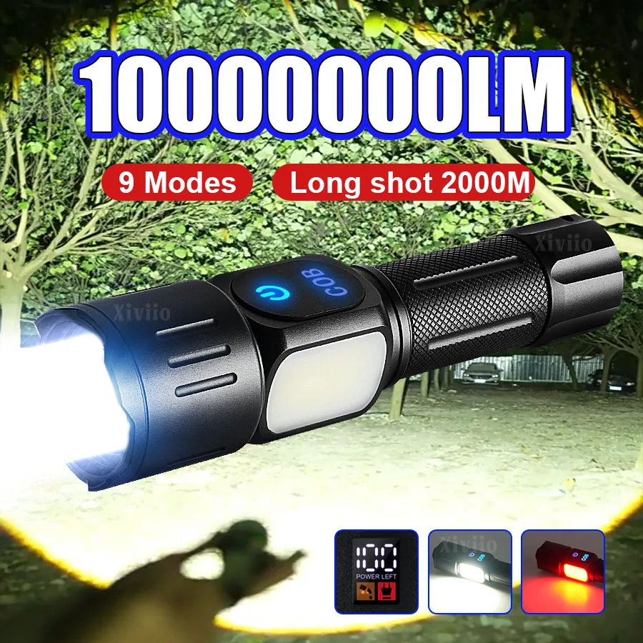 

1000000LM 5000mAh LED Flashlight Ultra-Bright Torch Rechargeable Powerful Flash Light Zoomable Tactical Lantern With Side Light
