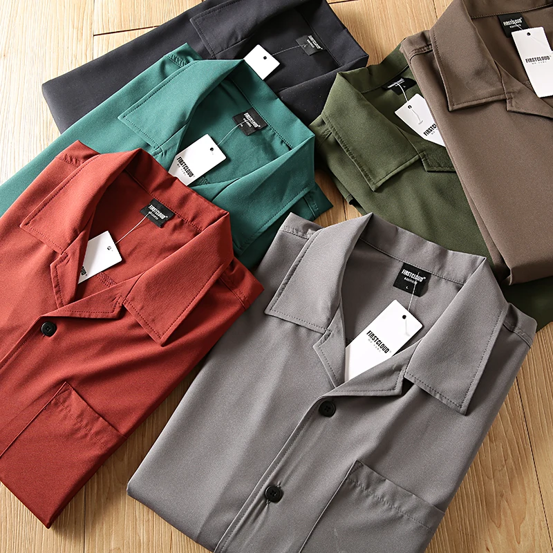 

OZ Sle Cuban Collar Loose Fit ort Sve Men's irt Retro American Summer New Pure Color Faionable Youth Stand Edition