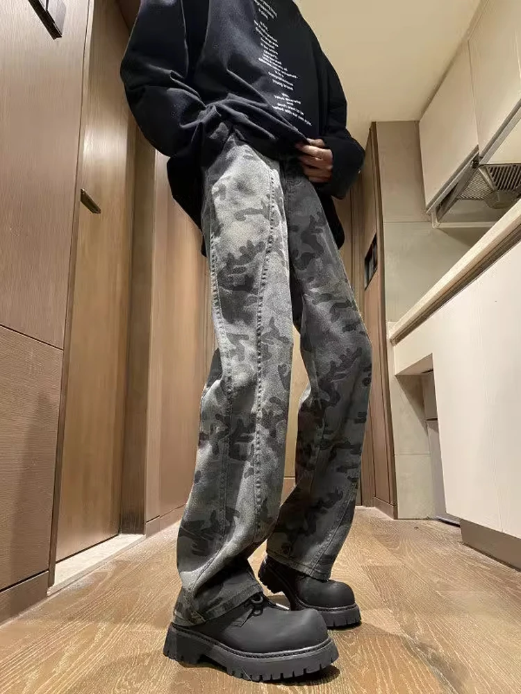 

American High Street Vibe Men's Loose Straight Leg Slimming Casual Long Pants Trendy Cool Camouflage Workwear Jeans