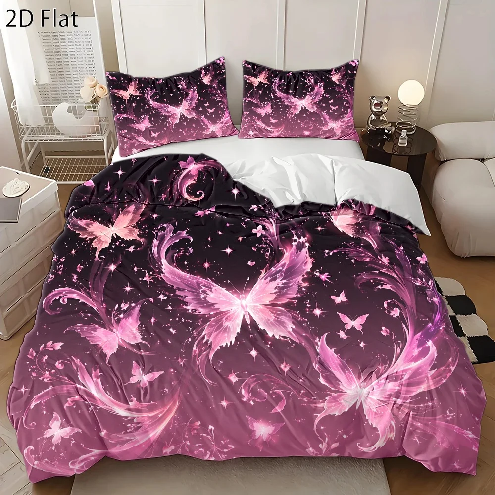 3Pc Dreamy Pink Butterfly Floral Bedding Set (1*Duvet Cover + 2*Pillowcases), Duvet Cover Set Suitable for All Seasons, Machine Washable, Invisible Zipper Large Double Bed Cover, Universal Bedding Set for Home, Dorm, Master Bedroom, Guest Room, Romantic Starlight Butterfly Print Duvet Cover Set, Soft and Breathable Skin-Friendly Bedding Set, Beautiful Butterfly Bedding Set