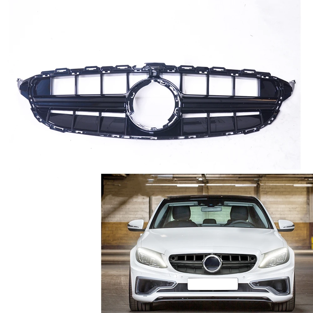 Front Grille For Mercedes Benz C Class W205 AMG 2014-2018 Sport Black E63 Style Car Upper Bumper Hood Mesh Grid With Camera Hole