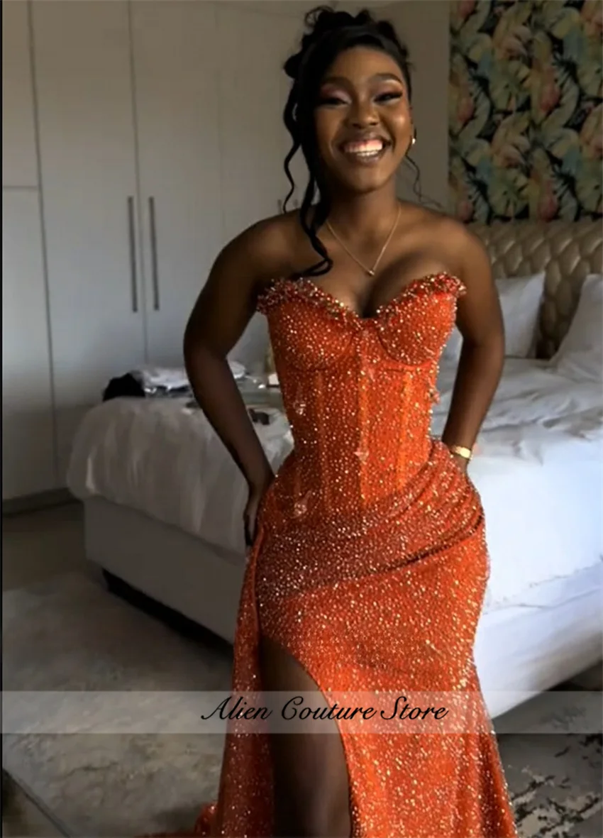 Sparkle High Split Evening Dresses Orange Beading Diamonds Dinner Dress African 2025 Wedding Prom Party Dress Customized