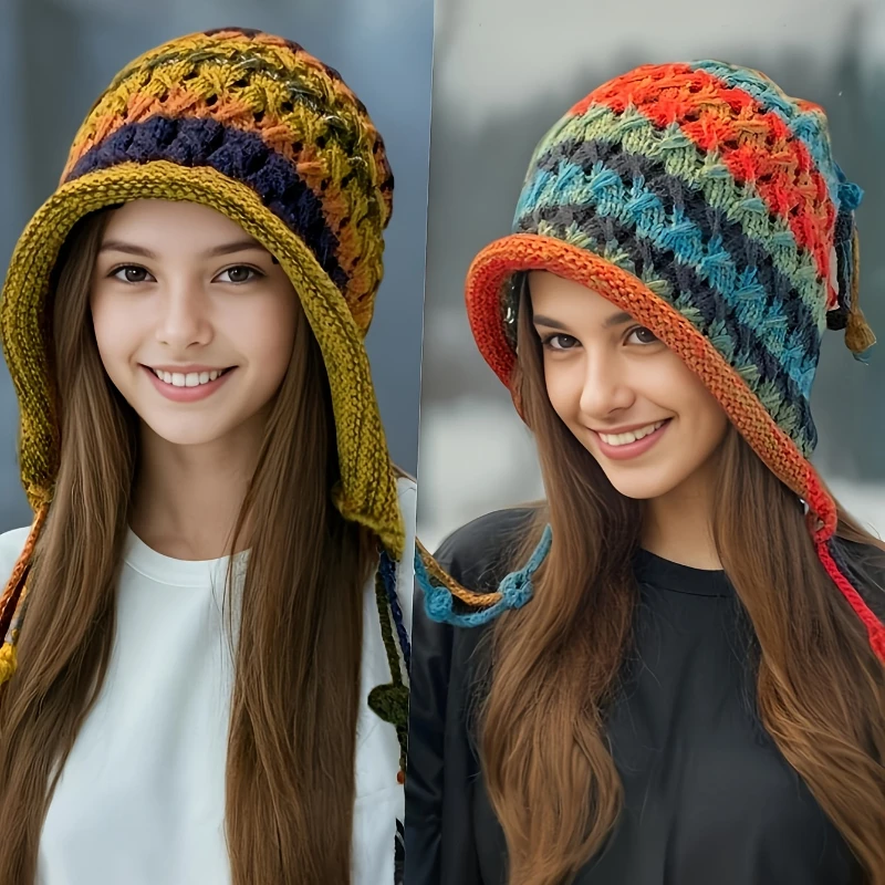 Soft Striped Brimless Hat for Women – Warm, Windproof, Elastic, Perfect for Skiing & Winter Gifts.