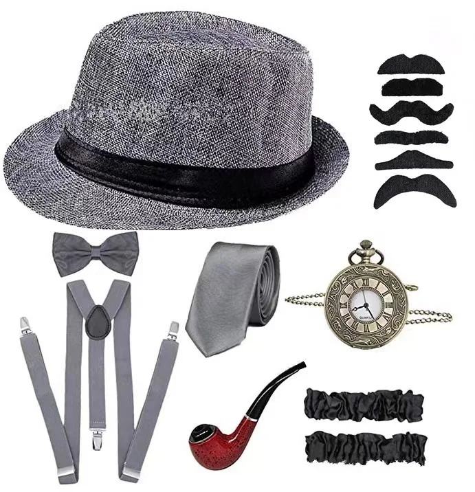 1920s Retro Men's Prom Party Hat Pipe Pocket Watch,Strap Tie Set Great Gatsby Party Dress