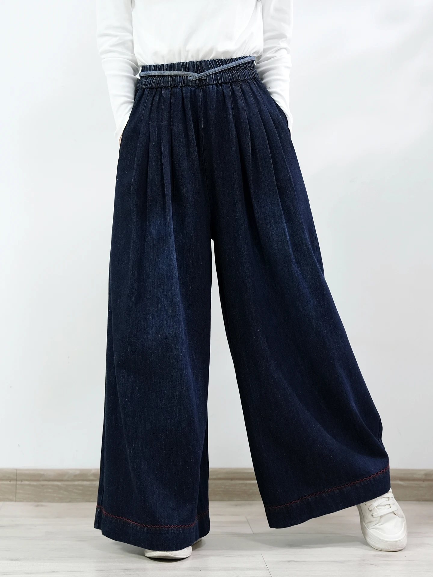 TIYIHAILEY-Wide Leg Long Denim Pants for Women, Autumn Winter Casual Jeans with Pockets, Ladies Trousers, Elastic Waist, 2026