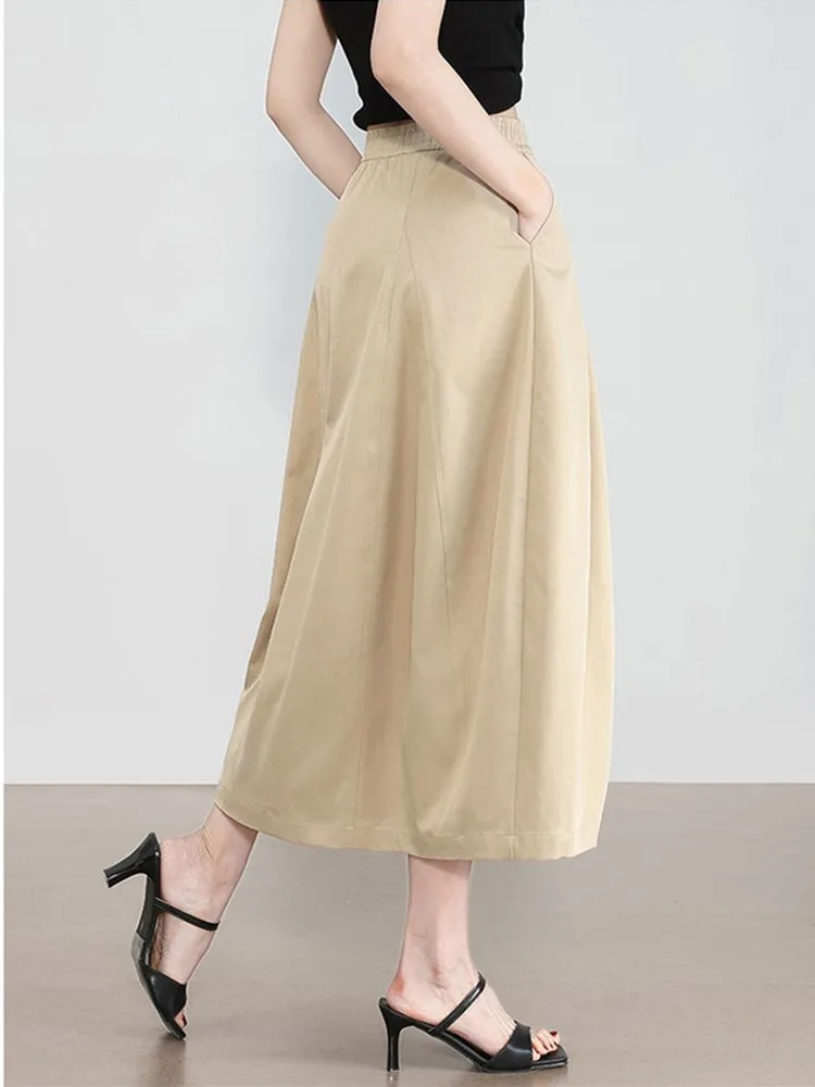 Femmes kaki élégant taille haute a-ligne jupes mi-longues été bureau quotidien mode coréenne décontracté bulle jupe femme noir 2025 nouveau