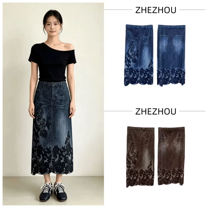 Miyake Pleated Skirt Plisse 2026 Summer New Faux Denim Lace Print Jupe Women High Waist Retro Wave Hem Slim Fold Length Skirt