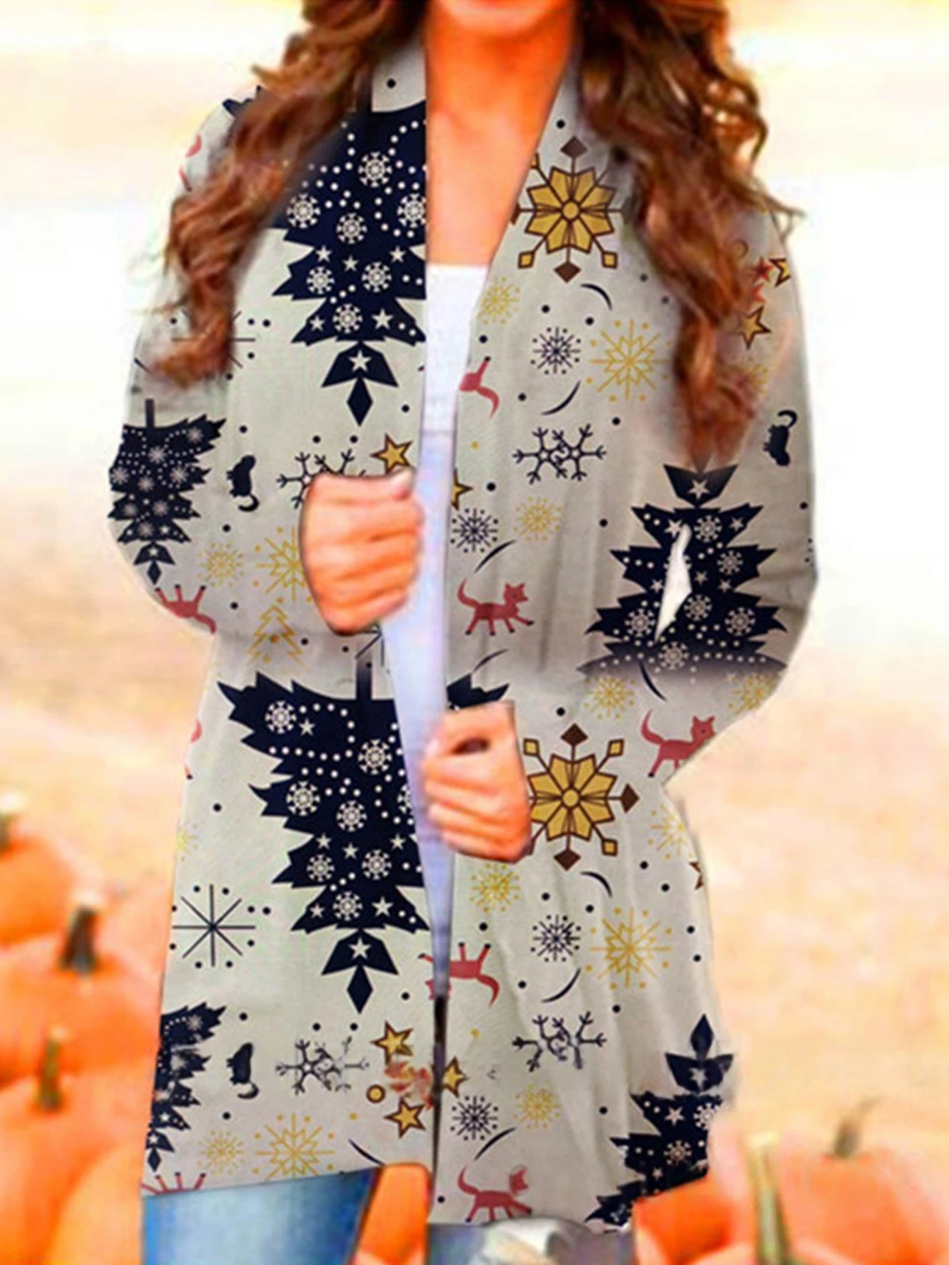 여성 캐주얼 긴팔 가디건 유럽 및 미국 스타일 독립 스테이션 크리스마스 디지털 프린트 스팟 패턴