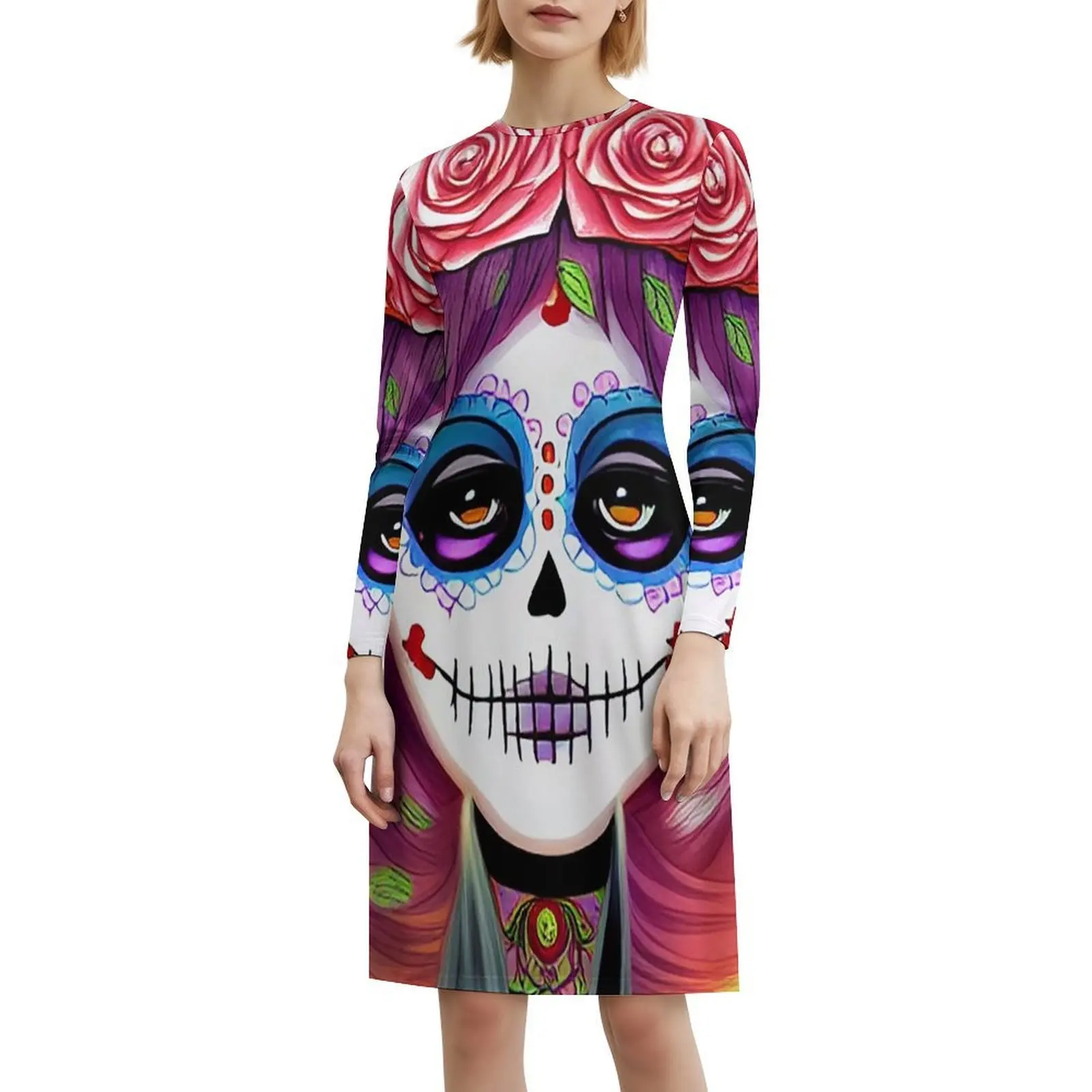 فستان بوهيمي بدون أكمام من Day Of The Dead-Rose Crown متعدد الطباعة لحفلات عطلة الشاطئ فستان السيد يوم الموتى غريب فريد ضياء #6