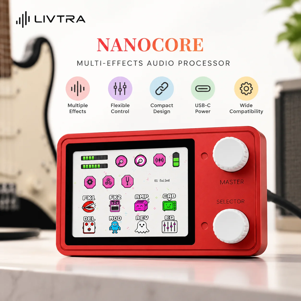 Livtra Nanocore Mini Guitar Multi-Effects Processor, New Color Matching, Pocket Audio Interface For Guitar Recording & Live Show