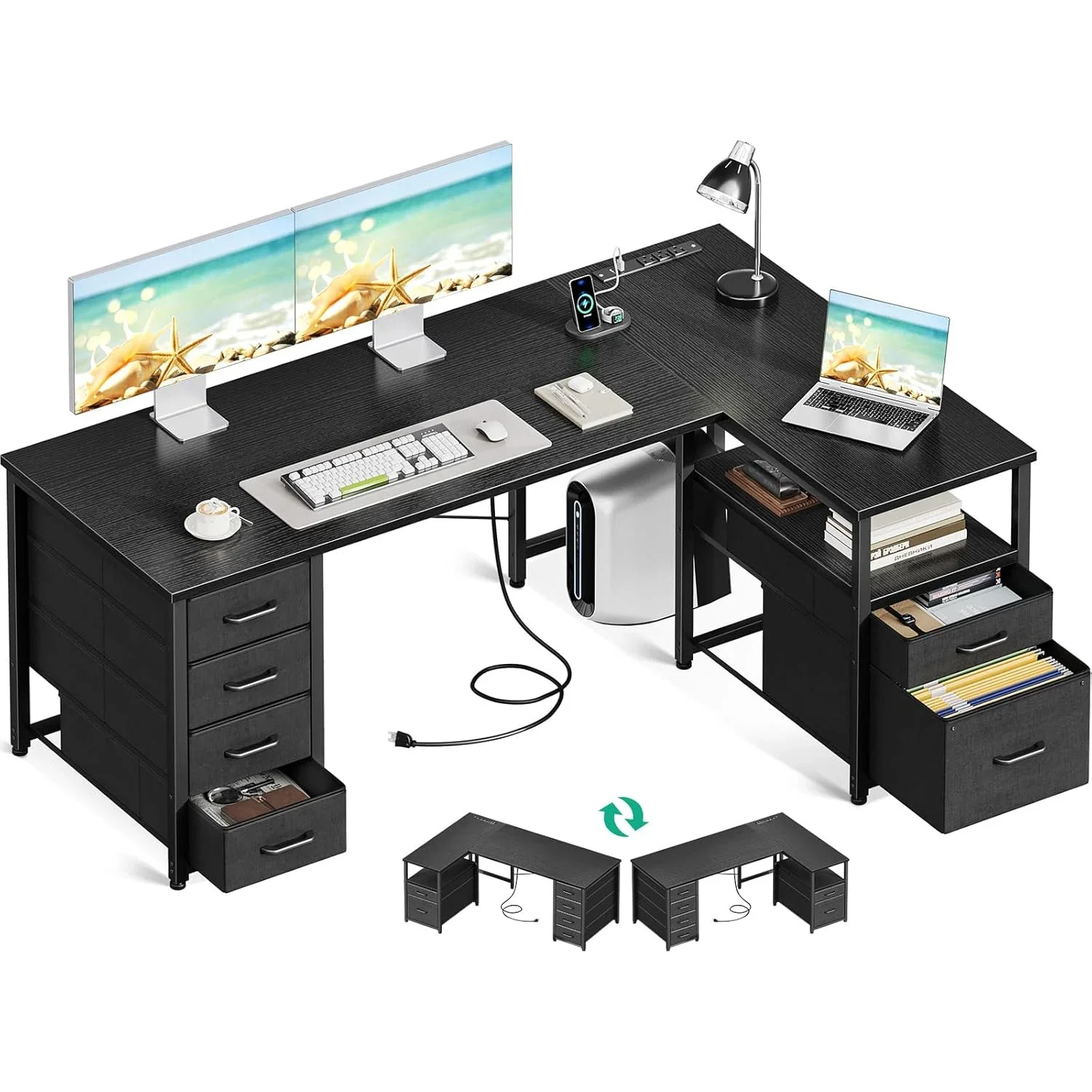 55 Inch L Shaped Office Desk with 6 Drawers, Power Outlet