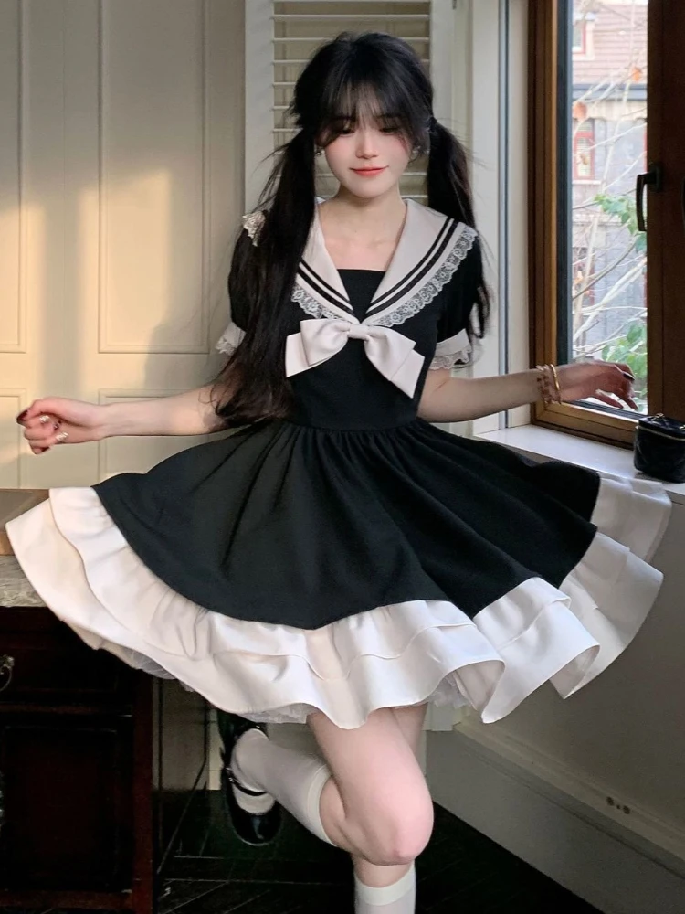 

Preppy Style Dresses Contrast Color Sailor Collar Bow Lace Patchwork Puff Sleeve Dress Summer Slim Waist 2025 New Women Clothing
