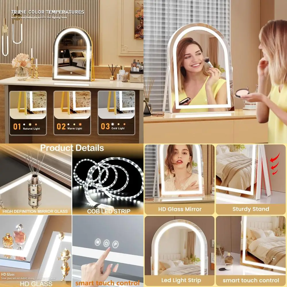 Stilvoller 3-farbiger LED-Kosmetikspiegel mit gewölbtem Design, 360 °   Rotations- und Touch-Kontrolle – ideales Make-up-Geschenk für Frauen in Gold