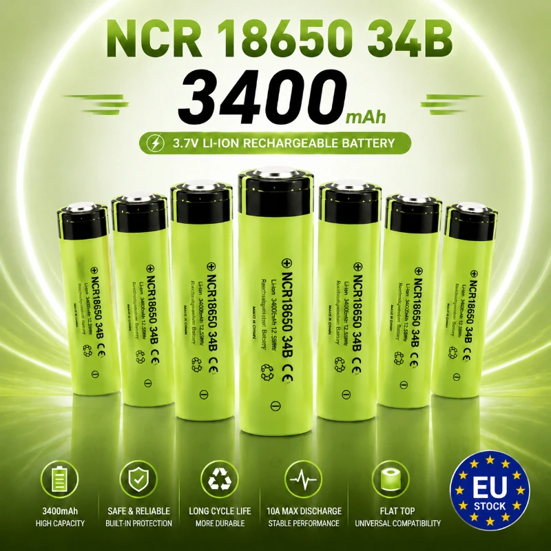 Lithium-Batterie NCR 18650 34B 3400mAh 3.7V Wiederaufladbare Li-Ionen 10A Flachkopfbatterie mit hoher Kapazität für LED-Taschenlampen, elektronische Geräte, tragbare Geräte, tägliche Nutzung, Versand
