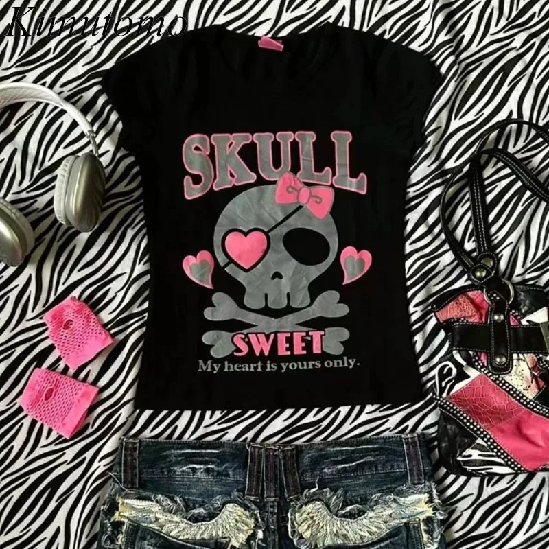 Kimutomo T Shirts Women Vintage Short Sleeve Y2k Vintage Sweet Letter Skulls Printed Spring Summer Casual Tops Female Tshirt