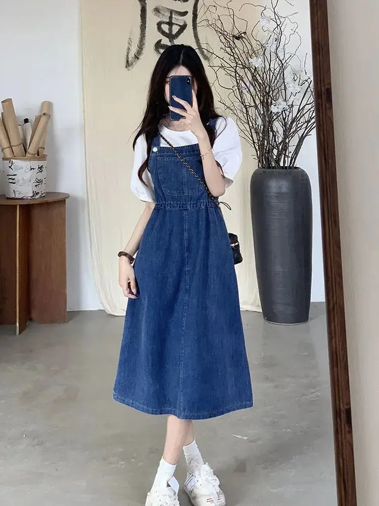 Casual Loose Overalls Dresses Female Blue Strap Jeans Dress Plus Size XL Summer Women Long Denim Dress Sundress Fashion Pockets