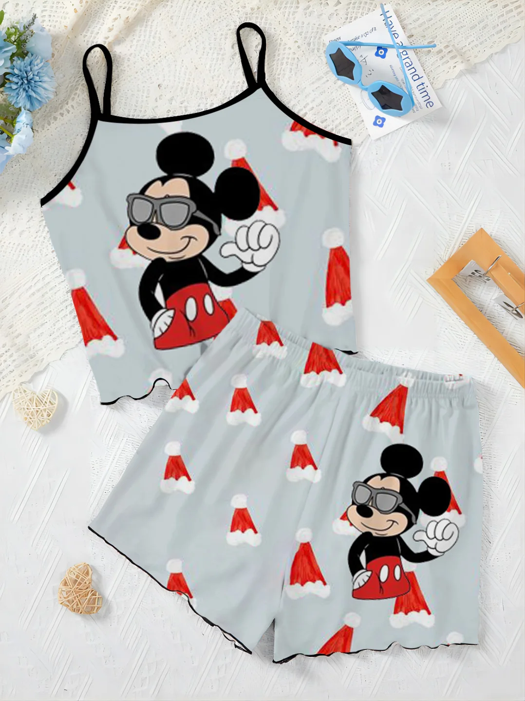 T-shirt Mickey Top Minnie Mouse Elegant Women's Sets Pajama Skirt Slip Dress Disney Christmas Lettuce Trim Pieces Short Suit Top