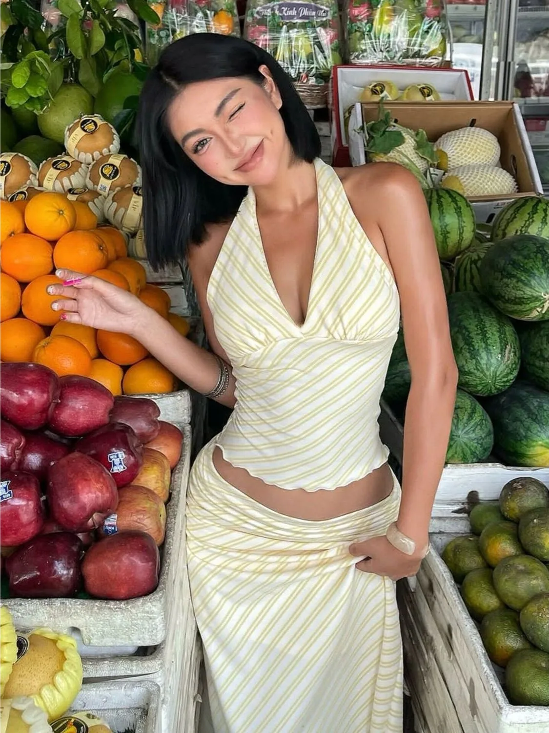 Deep V Backless Striped Pure Desire Hot Girl Style Half Skirt Set with Drawstring Regular Fit Two Piece Women's Korean Fashion