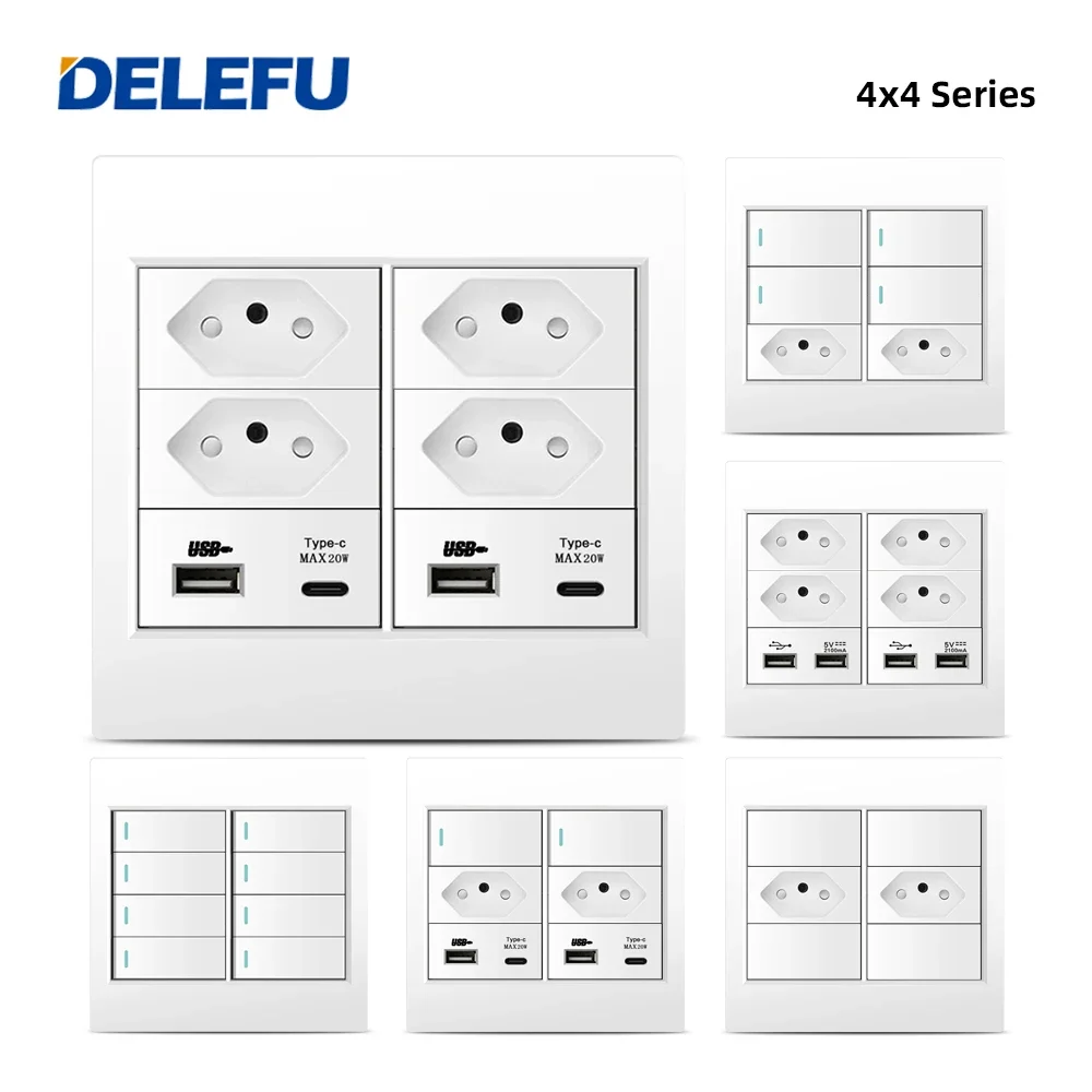 DELEFU 4x4 Fireproof PC Panel Brazil Standard Outlet Double USB Type C Wall Power Socket Light Switch Office White 10A 20A