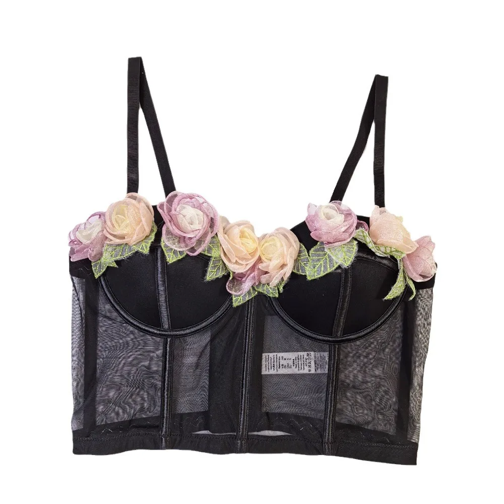 

Bohemian Floral Bustier Top Sexy Mesh Bralette Corset for Women Summer Beach Cover-Up, Lace-Up Crochet Bra Cute For Vacation