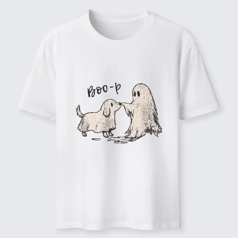Fun and Cute Funny Ghost Dog Classic T-shirt Cartoon Pattern Pure Cotton Men's and Women's Same Style Loose Short Sleeve Casual