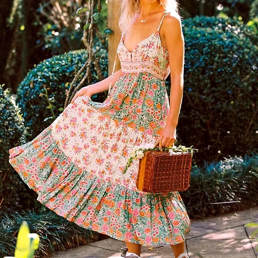 GypsyLady Green Floral Strappy Dress Summer Vintage Holiday Women Dress Backless Sexy Ruffles Button Lady Female Long Dress 2021