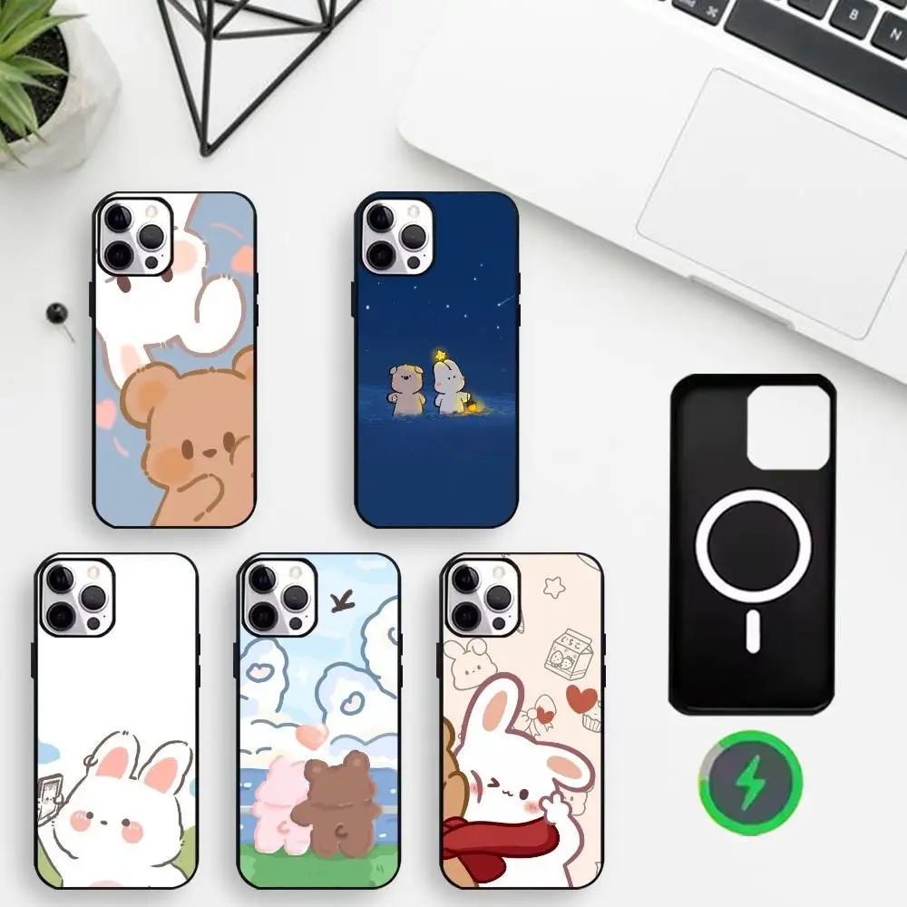 

Cute Rabbit Bear Couple Design Phone Case For iPhone17,16,15,14,13,12,11 Max Black Wireless Charging Protecitve Cover