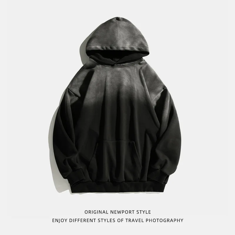 American Vintage Aged Washed Hooded Sweatshirt Gradient Color Heavyweight Top Street Loose Hoodie Men Women Clothing