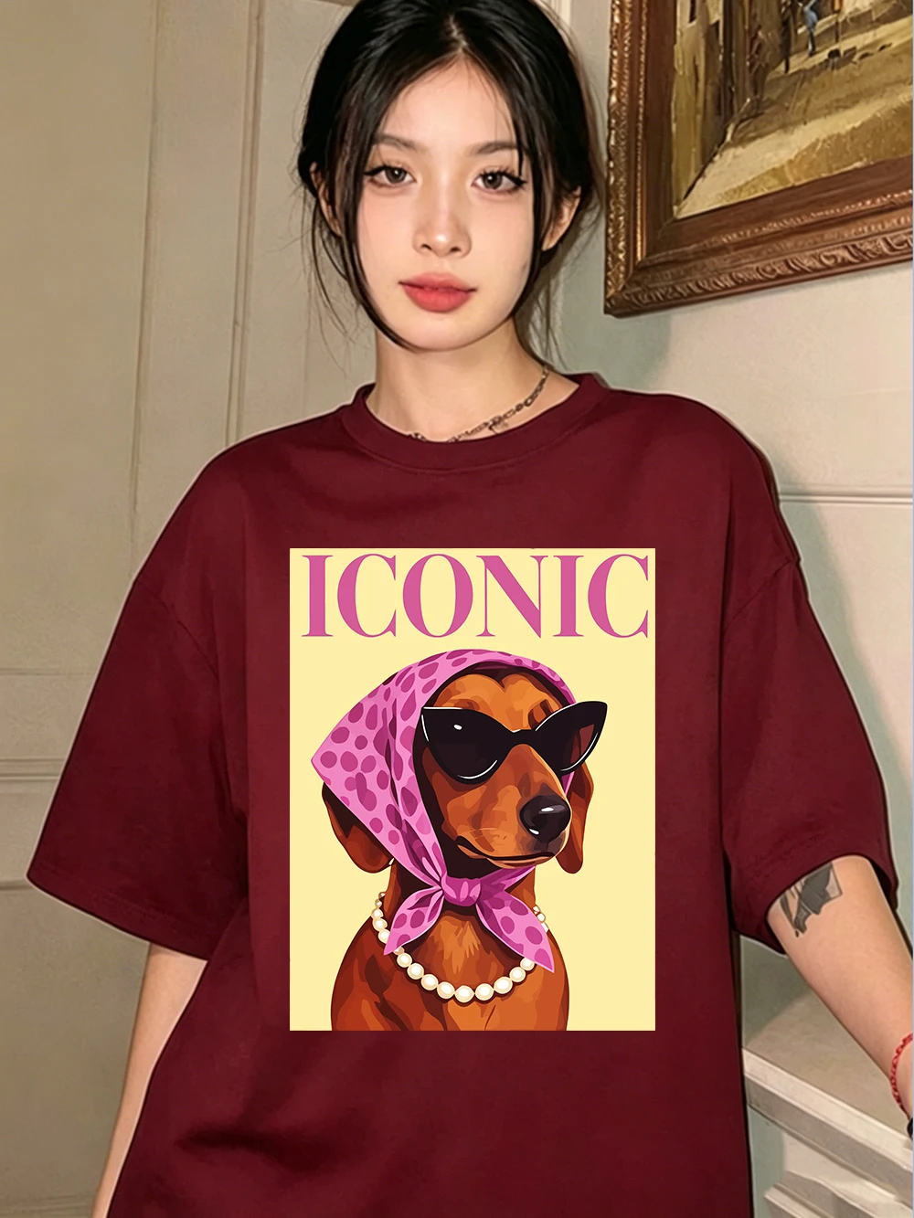 Ikonische Dackel-Prints, Baumwoll-T-Shirts für Damen, Sommer-Kurzarm-T-Shirts, O-Ausschnitt, weiche, übergroße Oberteile, einfache, bequeme Kleidung – Detail 24