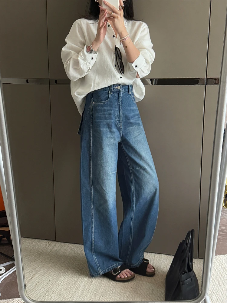 

Винтажные джинсы с высокой талией из хлопка, с вырезами и 3D-эффектом для придания объема ягодицам, прямые длинные брюки для женщин, на все сезоны, синий деним