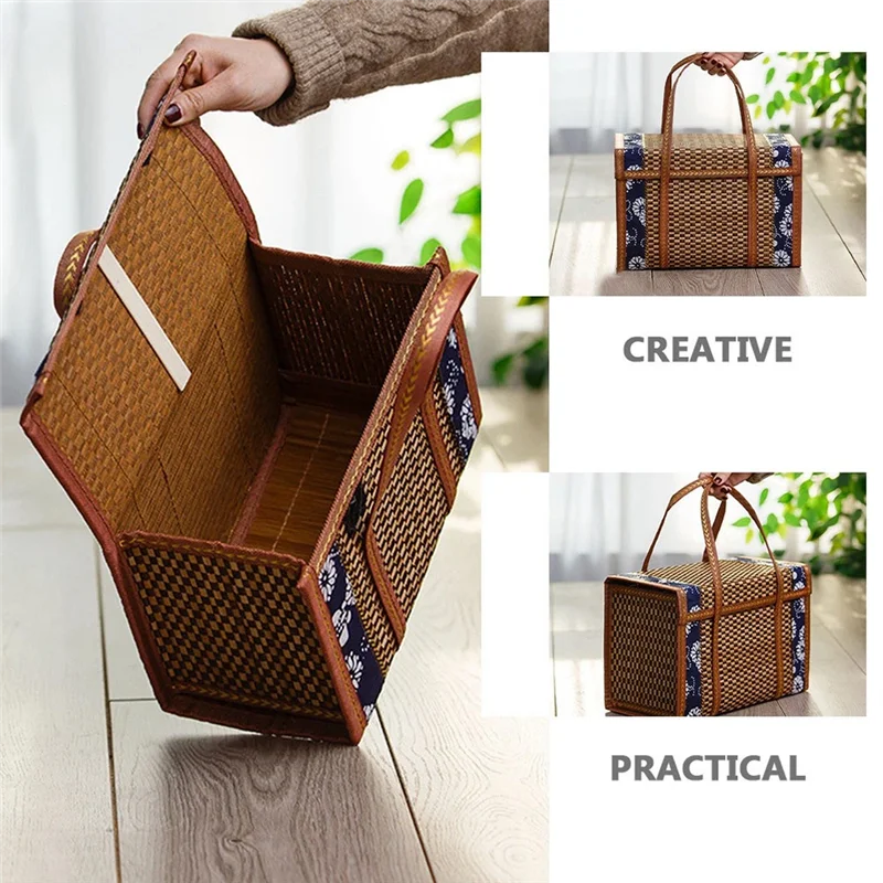 AT77 Picnic Woven Basket Wicker Storage Bag Handle Folded Fruit Shopping Food Handle Rattan Grass Foldable Bamboo Basket
