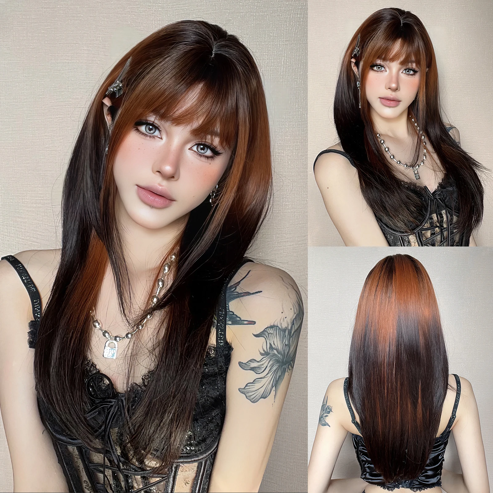 Long Straight Ginger Copper to Brown Ombre Cosplay Hair Wig Long Layered Synthetic Wigs with Bangs for White Women Korean Use