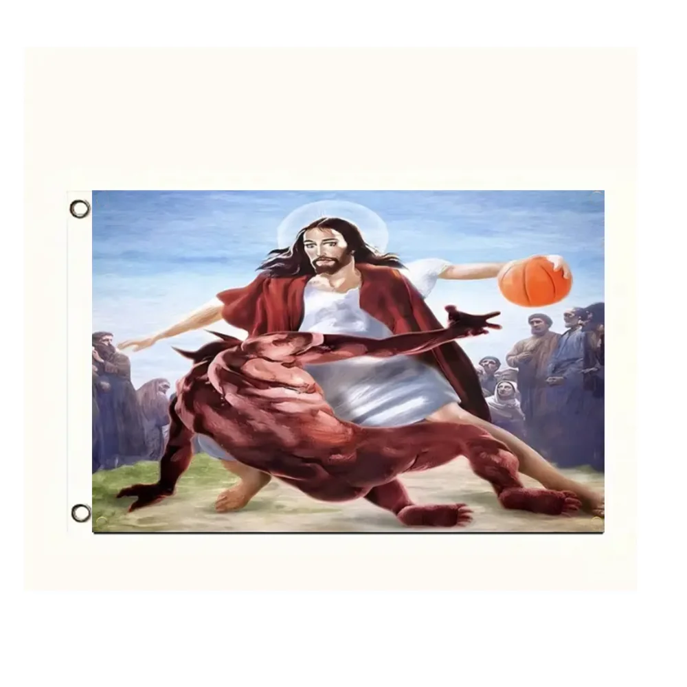 90x150cm Jesus vs Satan Basketball Flag - Hilarious Indoor/Outdoor Wall Decor for Man Cave, Church, Sports Fans, Unique Gift Art