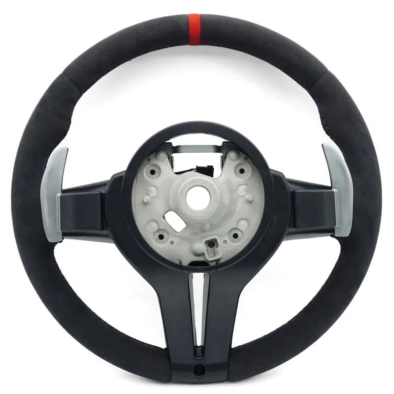 For BMW 5 Series, full suede red T-bar with original, bright carbon fiber lower cover plate for steering wheel