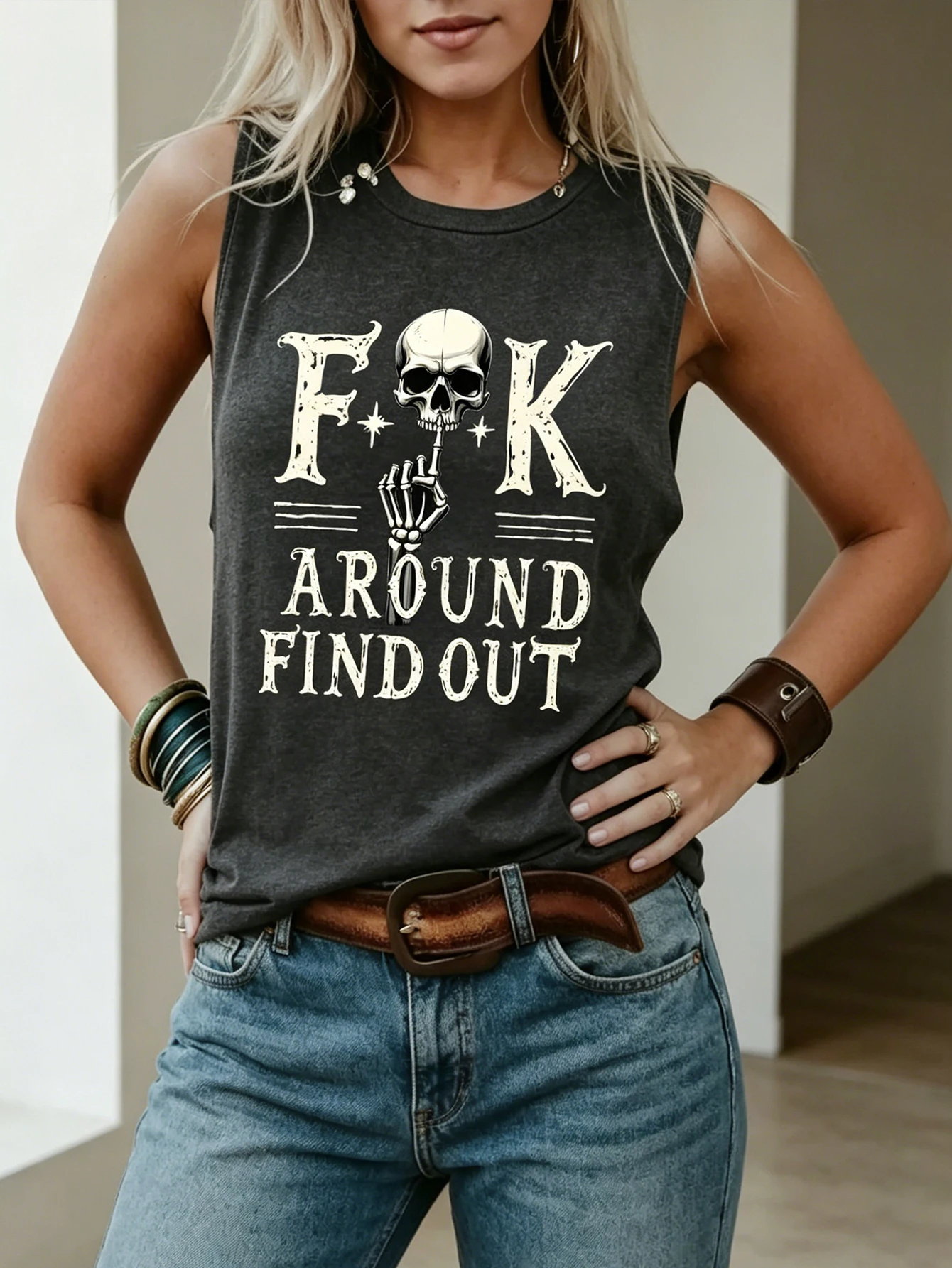 Women's Fashionable Casual European Dark Street Retro Printed Sleeveless Top