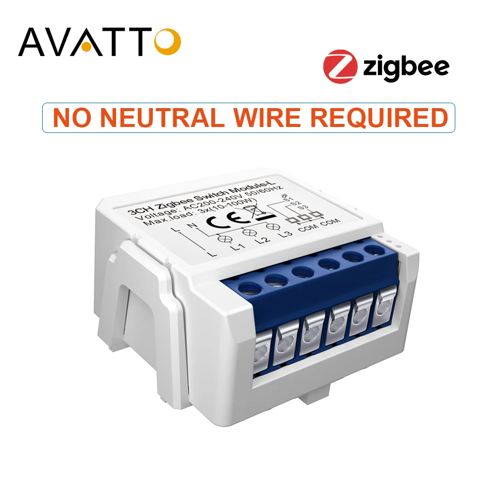 Умный выключатель AVATTO Zigbee, модуль переключателя с 1/2/3 клавишами, без нейтрального провода, двухстороннее управление, работает с Alexa Google