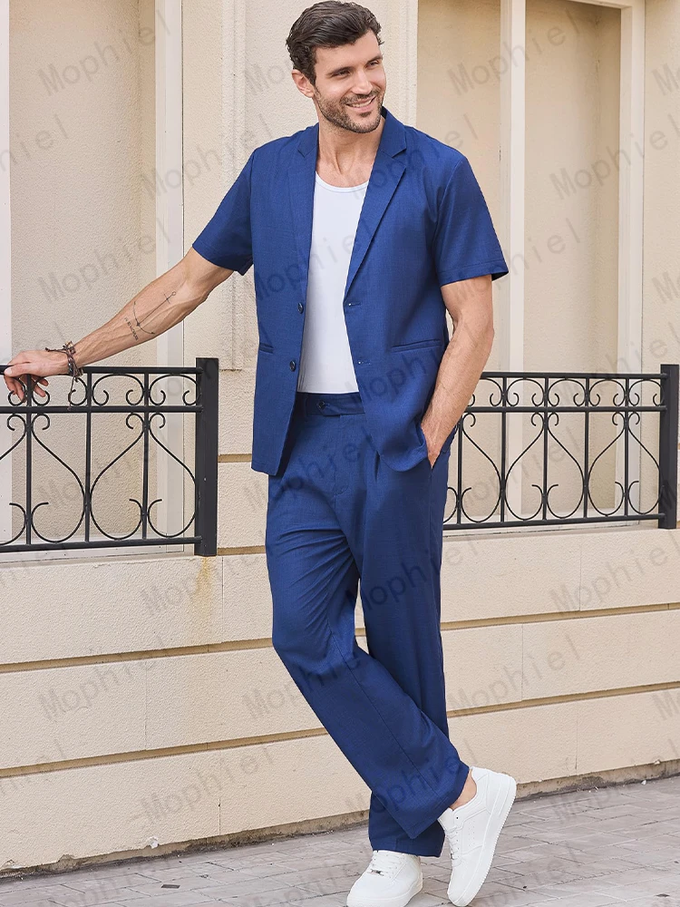 Picture 7: Mophiel Blue Linen Men Suits Short Sleeve Pants 2 Pieces Set Summer Beach Wedding Party Blazer Office Business Tuxedo Customized