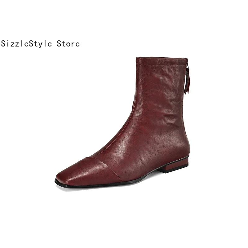 Fashionable Textured Sheepskin Square Toe Stitching Solid Color Rear Zipper Comfortable Thick Heel Women's Short Boots