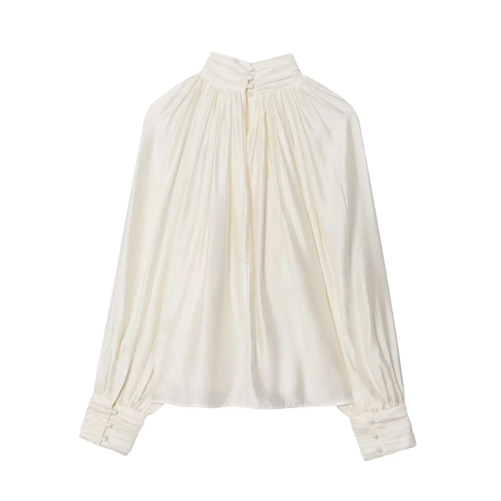BSAY 2026 Französische Minimalistische Damen-Satinbluse mit Stehkragen, gerafftem Design, Laternenärmeln, lockerem Schnitt, glänzend, elegant, für Bürokleidung, Oberteil – Detail 6