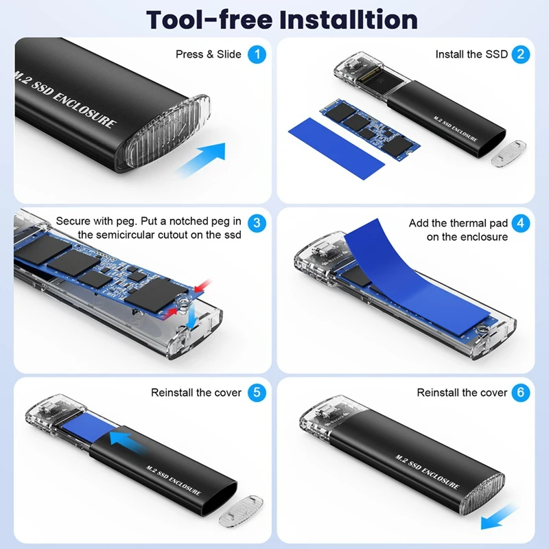 Top-M.2 2280 2260 2242 SSD NVME Pcie NGFF SATA Dual Protocol USB Type C PCI-E M2 SSD External Enclosure Hard Disk Box