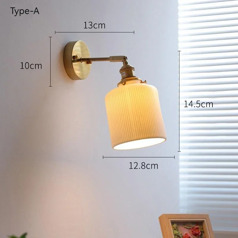 Japanes Vintage Wall Lamp Brass Ceramic Lampshade Pull Wire Switch Swivel Sconce for Bedroom Bedside Wall Light Home Decoration